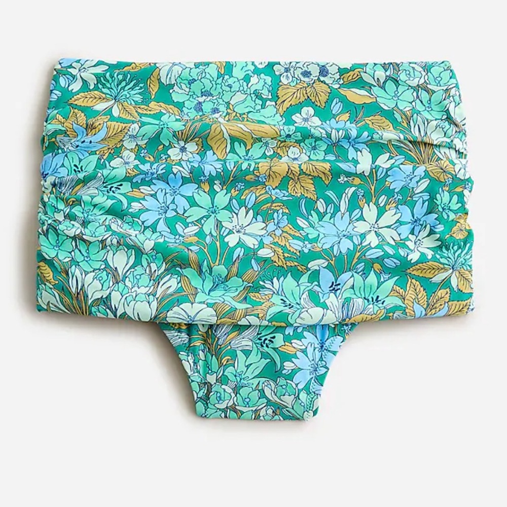 J.Crew Ruched High-Rise Full-Coverage bikini bottom in aqua blooms LIKE NEW!